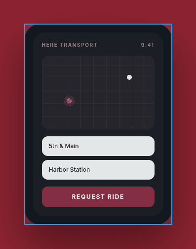 HERE TRANSPORT app — request a ride from 5th & Main to Harbor Station